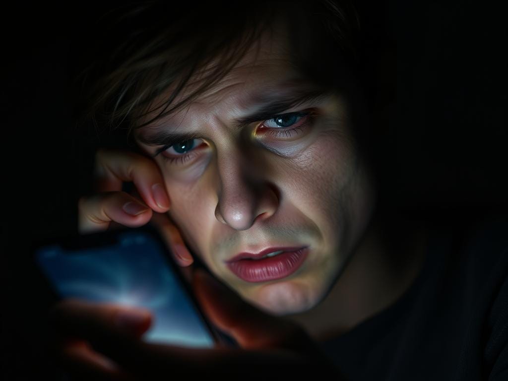 Pessoa com expressão ansiosa verificando constantemente notificações no celular, ilustrando dependência digital e seu impacto na mente humana Pessoa com expressão ansiosa verificando constantemente notificações no celular, ilustrando dependência digital e seu impacto na mente humana