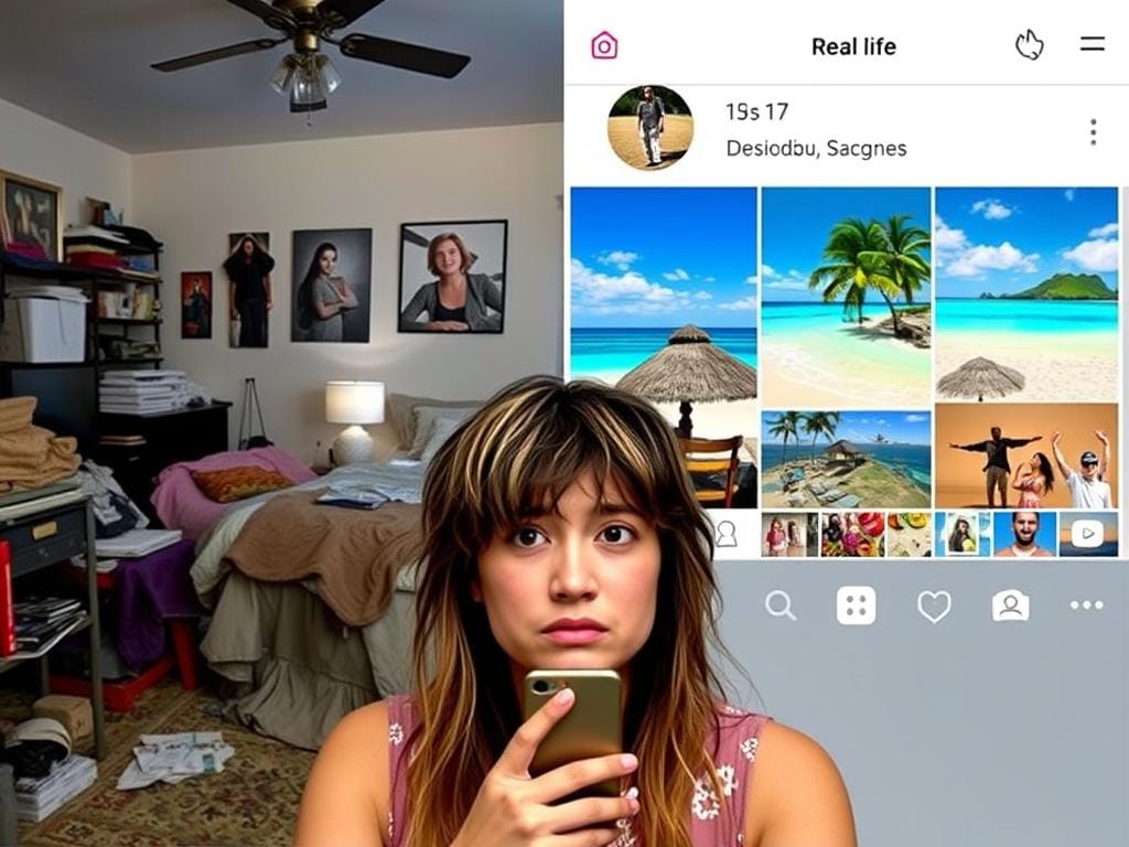Pessoa comparando sua vida real com imagens perfeitas nas redes sociais, ilustrando o impacto da solidão na era digital Pessoa comparando sua vida real com imagens perfeitas nas redes sociais, ilustrando o impacto da solidão na era digital