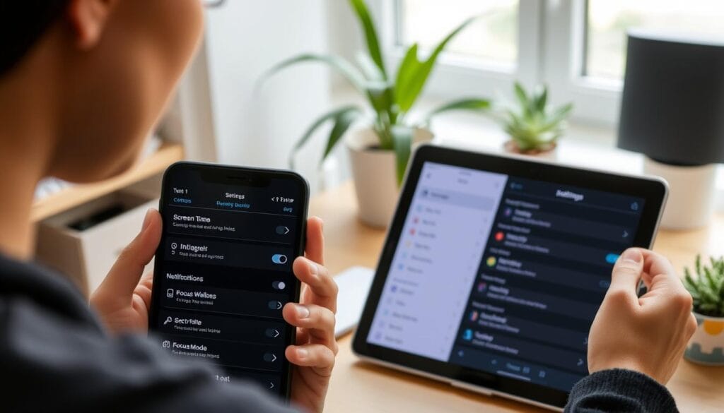 Pessoa configurando limites de tempo de tela e notificações em dispositivos, demonstrando uso consciente da tecnologia para proteger a mente humana Pessoa configurando limites de tempo de tela e notificações em dispositivos, demonstrando uso consciente da tecnologia para proteger a mente humana