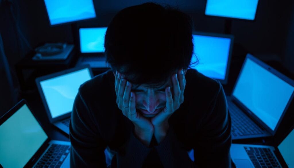 Pessoa demonstrando sinais de ansiedade e depressão enquanto usa dispositivos digitais, ilustrando o impacto da solidão na era digital na saúde mental Pessoa demonstrando sinais de ansiedade e depressão enquanto usa dispositivos digitais, ilustrando o impacto da solidão na era digital na saúde mental