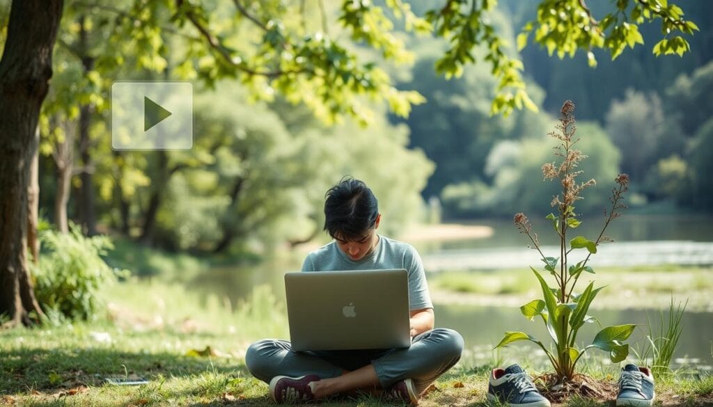 Pessoa em equilíbrio entre mundo digital e natural, simbolizando o equilíbrio saudável entre tecnologia e mente humana Pessoa em equilíbrio entre mundo digital e natural, simbolizando o equilíbrio saudável entre tecnologia e mente humana