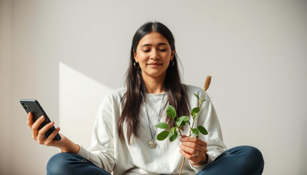 Pessoa equilibrando dispositivos digitais e elementos naturais, representando um espaço digital saudável