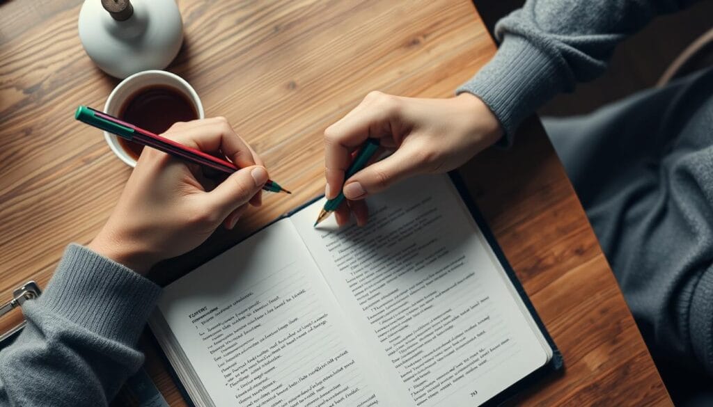 Pessoa escrevendo em um caderno de journaling com canetas coloridas e elementos decorativos ao redor