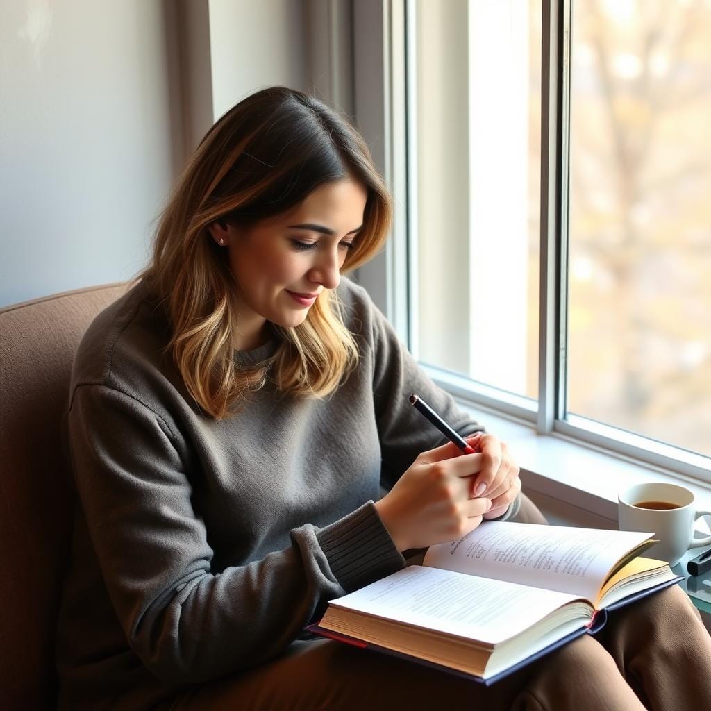 Pessoa escrevendo em um caderno em um ambiente tranquilo Pessoa escrevendo em um caderno em um ambiente tranquilo