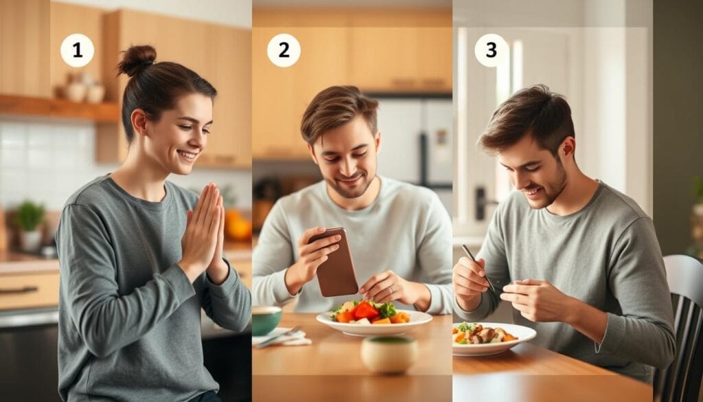 Pessoa implementando os três passos da alimentação consciente em uma refeição diária Pessoa implementando os três passos da alimentação consciente em uma refeição diária
