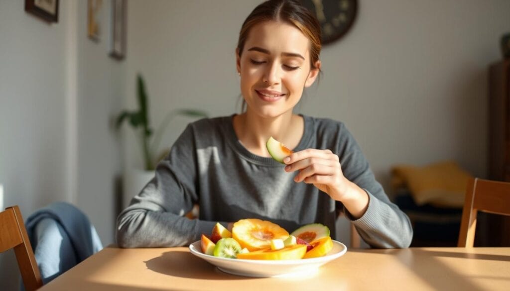 Pessoa iniciando sua jornada de alimentação consciente com um simples prato de frutas Pessoa iniciando sua jornada de alimentação consciente com um simples prato de frutas