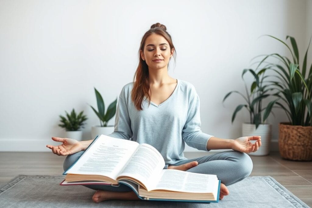 Pessoa meditando ao lado de um caderno de journaling, representando a conexão entre mindfulness e escrita reflexiva Pessoa meditando ao lado de um caderno de journaling, representando a conexão entre mindfulness e escrita reflexiva