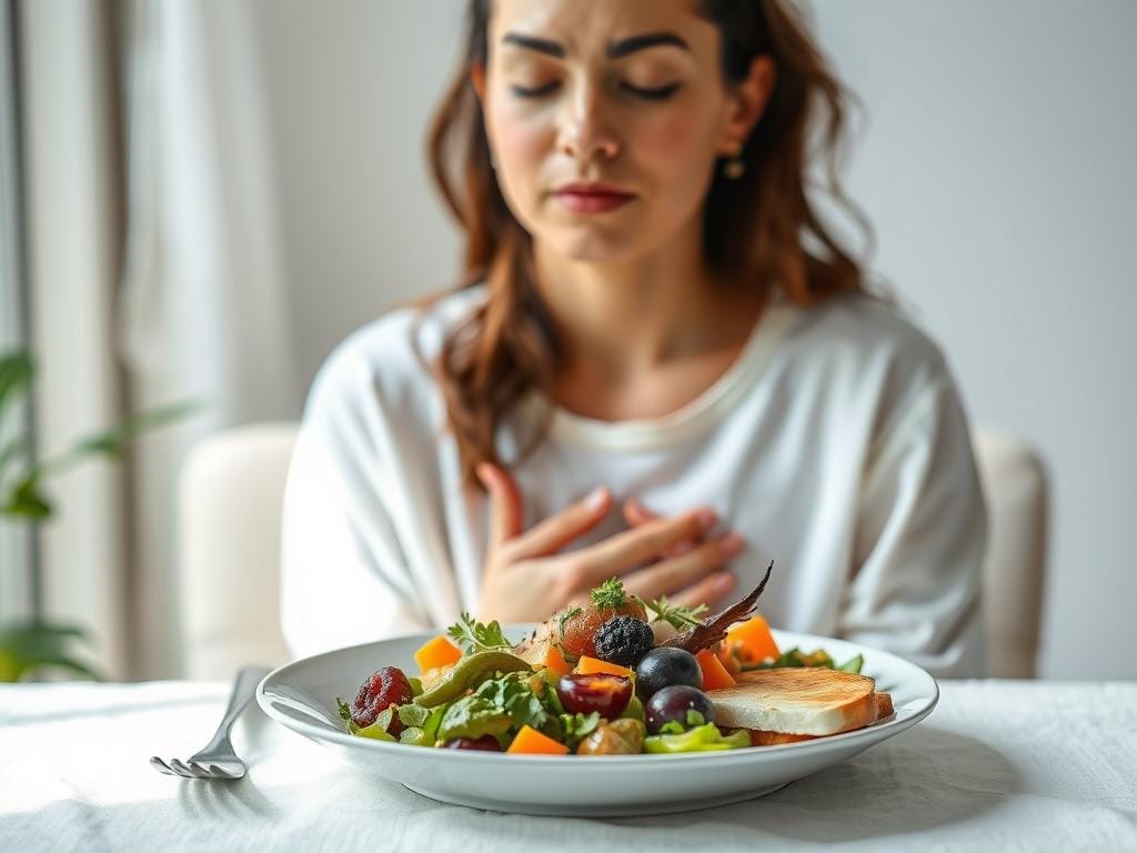 Pessoa meditando brevemente antes de uma refeição, demonstrando a conexão entre alimentação consciente e bem-estar mental Pessoa meditando brevemente antes de uma refeição, demonstrando a conexão entre alimentação consciente e bem-estar mental
