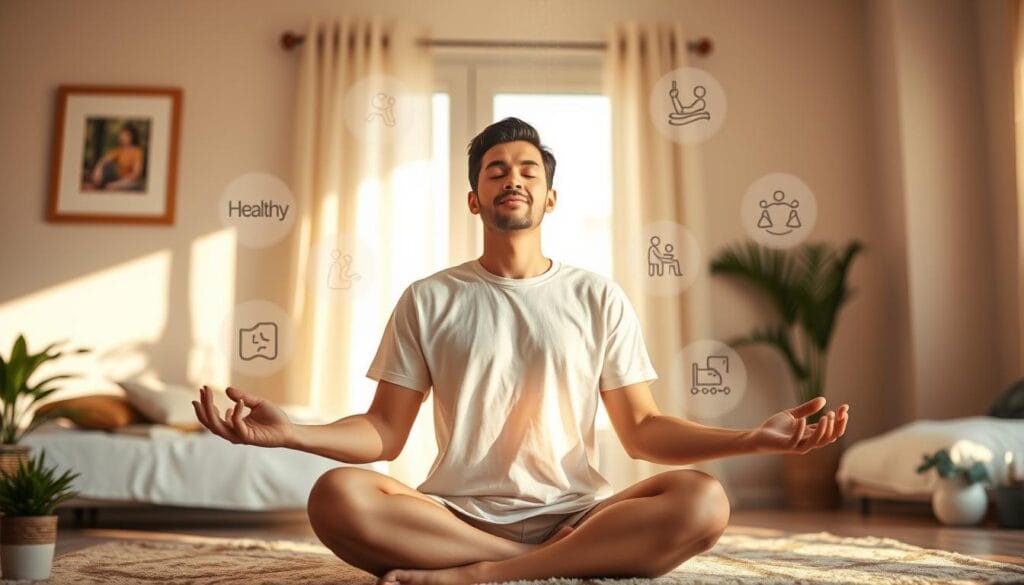 Pessoa praticando hábitos de autocuidado para prevenir sobrecarga mental Pessoa praticando hábitos de autocuidado para prevenir sobrecarga mental