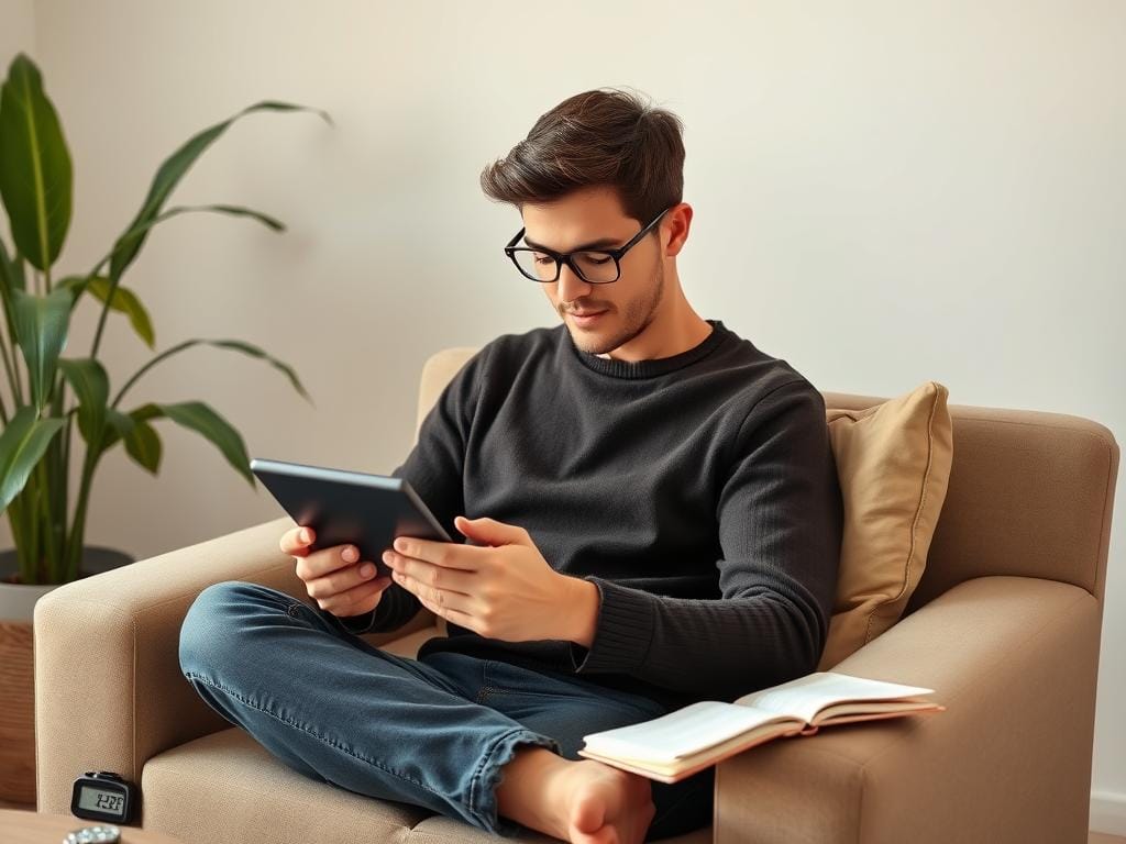 Pessoa praticando mindfulness enquanto usa tecnologia, demonstrando atenção plena em um espaço digital saudável Pessoa praticando mindfulness enquanto usa tecnologia, demonstrando atenção plena em um espaço digital saudável