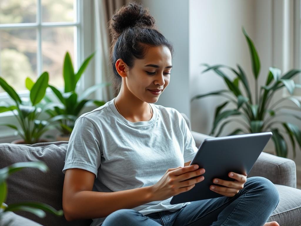 Pessoa praticando mindfulness enquanto usa tecnologia, mostrando equilíbrio entre mundo digital e saúde mental Pessoa praticando mindfulness enquanto usa tecnologia, mostrando equilíbrio entre mundo digital e saúde mental