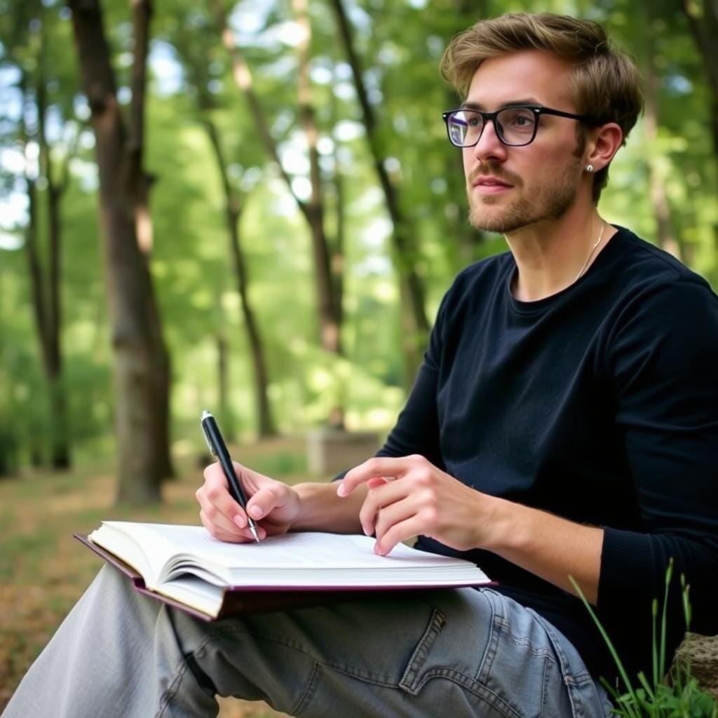 Pessoa refletindo enquanto escreve em um caderno ao ar livre Pessoa refletindo enquanto escreve em um caderno ao ar livre