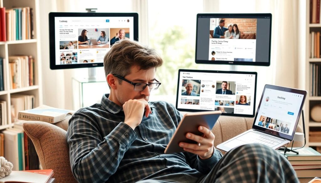 Pessoa selecionando conteúdo digital de qualidade em diferentes dispositivos, ilustrando uma dieta digital saudável para a mente humana Pessoa selecionando conteúdo digital de qualidade em diferentes dispositivos, ilustrando uma dieta digital saudável para a mente humana