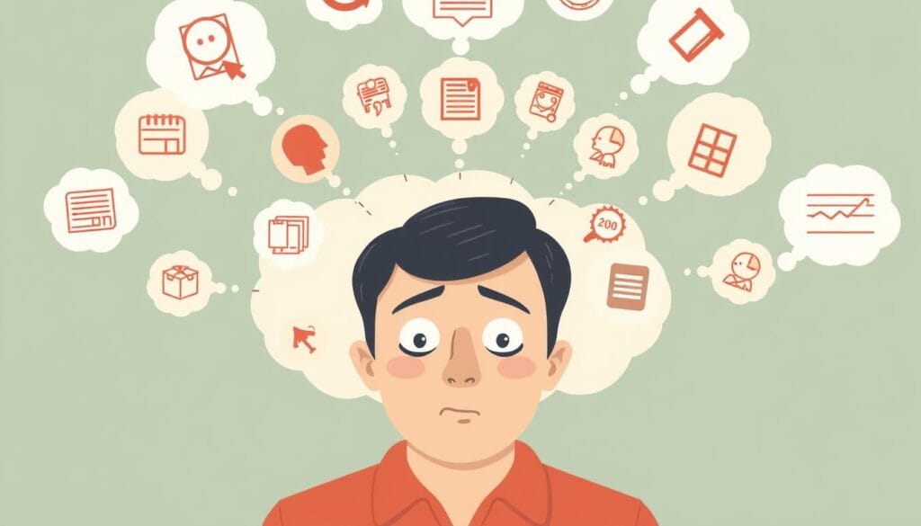 Pessoa sobrecarregada com múltiplas tarefas representando a carga mental