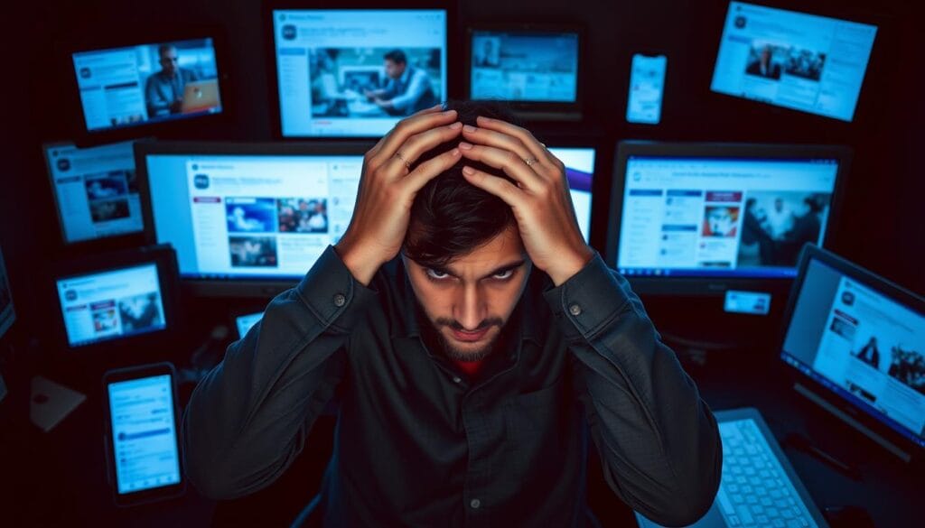 Pessoa sobrecarregada por múltiplas telas e notificações, representando a sobrecarga informacional causada pela tecnologia na mente humana Pessoa sobrecarregada por múltiplas telas e notificações, representando a sobrecarga informacional causada pela tecnologia na mente humana