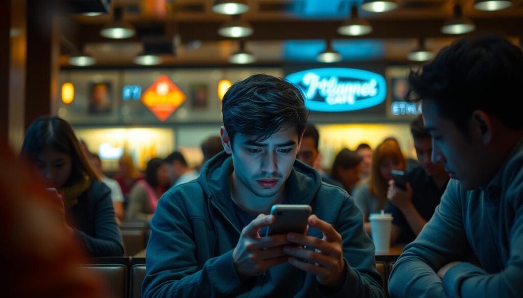 Pessoa sozinha olhando para o celular em meio a uma multidão conectada, representando a solidão na era digital