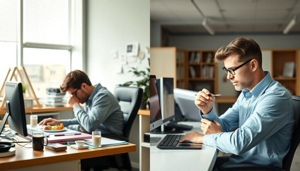 Pessoa superando desafios da alimentação consciente em um ambiente de trabalho ocupado Pessoa superando desafios da alimentação consciente em um ambiente de trabalho ocupado
