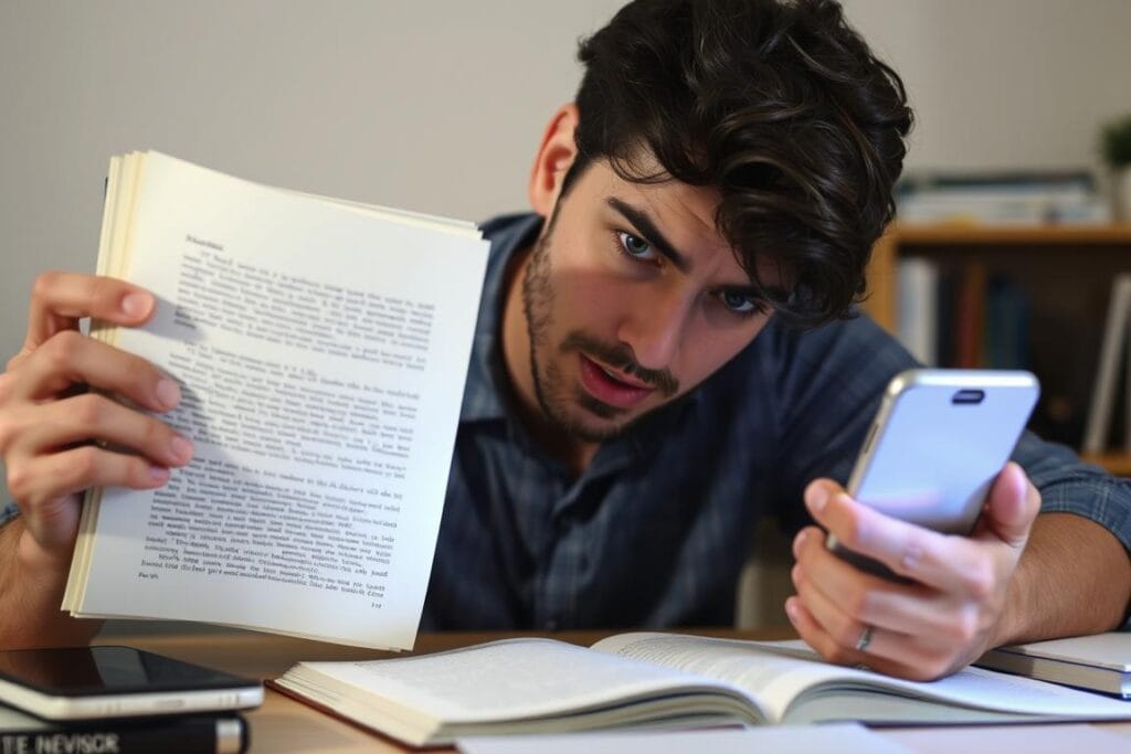 Pessoa tentando se concentrar em um livro enquanto é distraída por múltiplos dispositivos, mostrando o impacto da tecnologia na atenção e mente humana Pessoa tentando se concentrar em um livro enquanto é distraída por múltiplos dispositivos, mostrando o impacto da tecnologia na atenção e mente humana