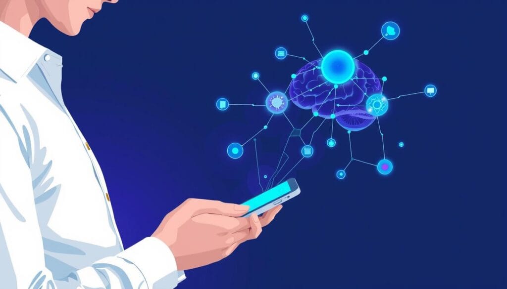 Pessoa usando tecnologia com representação da mente humana e conexões digitais, ilustrando a relação entre tecnologia e mente humana