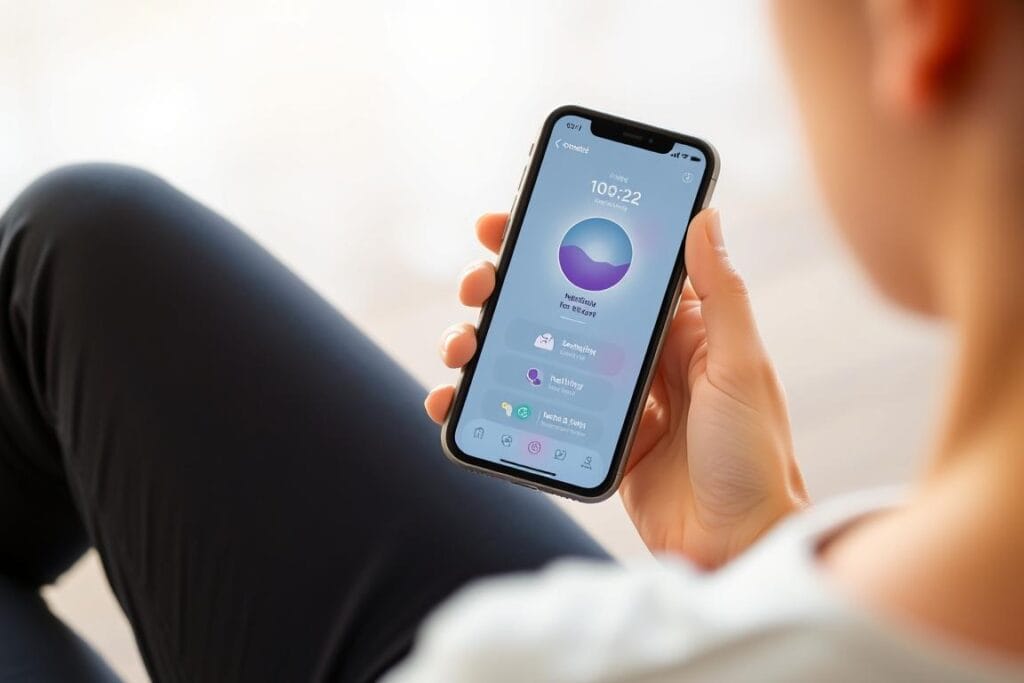 Pessoa utilizando aplicativo de meditação e bem-estar em um smartphone, demonstrando recursos digitais para saúde mental Pessoa utilizando aplicativo de meditação e bem-estar em um smartphone, demonstrando recursos digitais para saúde mental