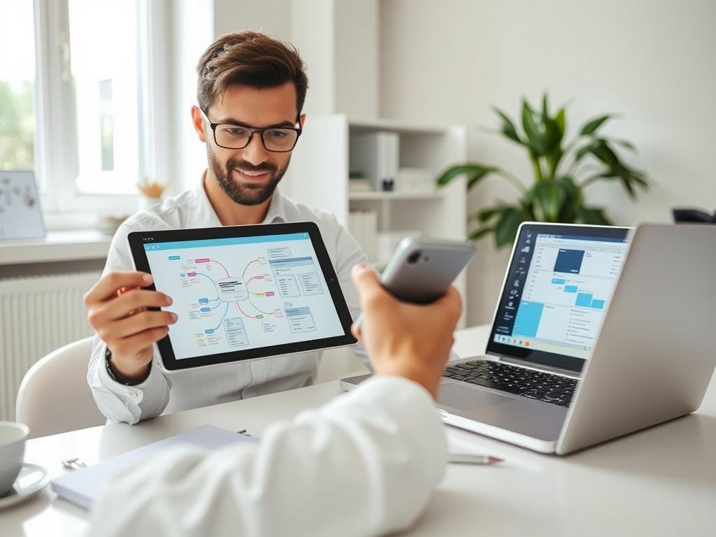 Pessoa utilizando aplicativos de produtividade e organização mental em múltiplos dispositivos, mostrando como a tecnologia e mente humana podem trabalhar juntas Pessoa utilizando aplicativos de produtividade e organização mental em múltiplos dispositivos, mostrando como a tecnologia e mente humana podem trabalhar juntas