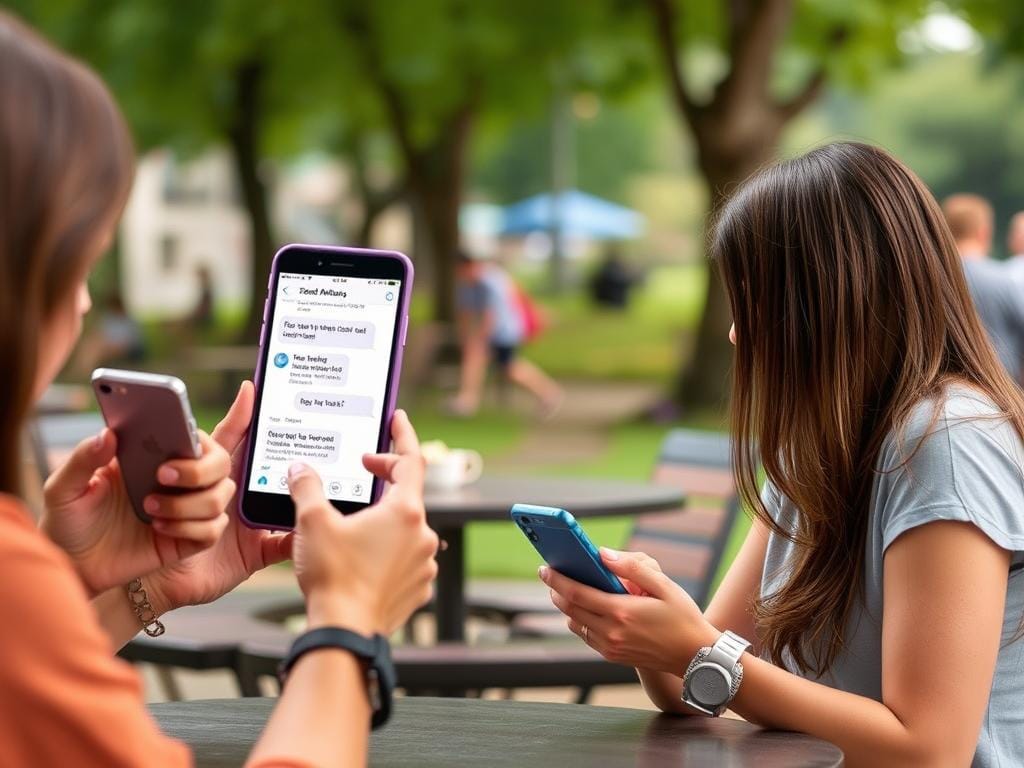 Pessoas usando tecnologia para organizar um encontro presencial, mostrando o equilíbrio saudável na era digital Pessoas usando tecnologia para organizar um encontro presencial, mostrando o equilíbrio saudável na era digital