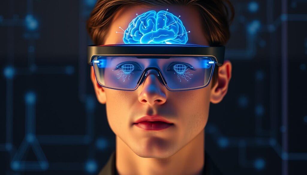 Representação futurista da integração entre tecnologia e mente humana, mostrando interfaces cérebro-computador e realidade aumentada Representação futurista da integração entre tecnologia e mente humana, mostrando interfaces cérebro-computador e realidade aumentada