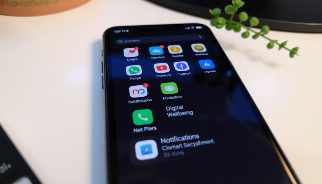 Smartphone com aplicativos organizados em pastas e notificações desativadas, exemplificando um espaço digital saudável Smartphone com aplicativos organizados em pastas e notificações desativadas, exemplificando um espaço digital saudável