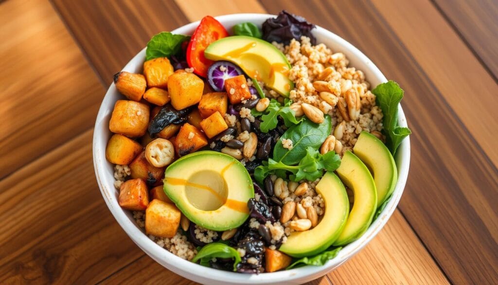 Tigela colorida com alimentos variados que estimulam a alimentação consciente Tigela colorida com alimentos variados que estimulam a alimentação consciente