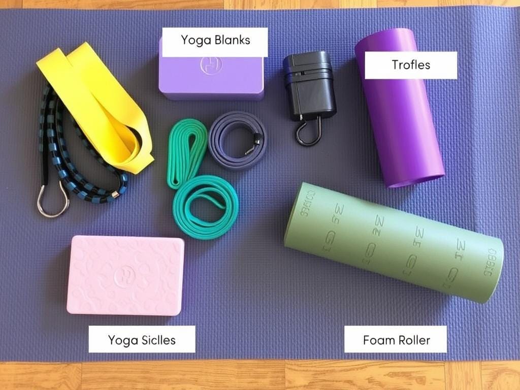 Acessórios para alongamentos como faixas elásticas e blocos de yoga Acessórios para alongamentos como faixas elásticas e blocos de yoga