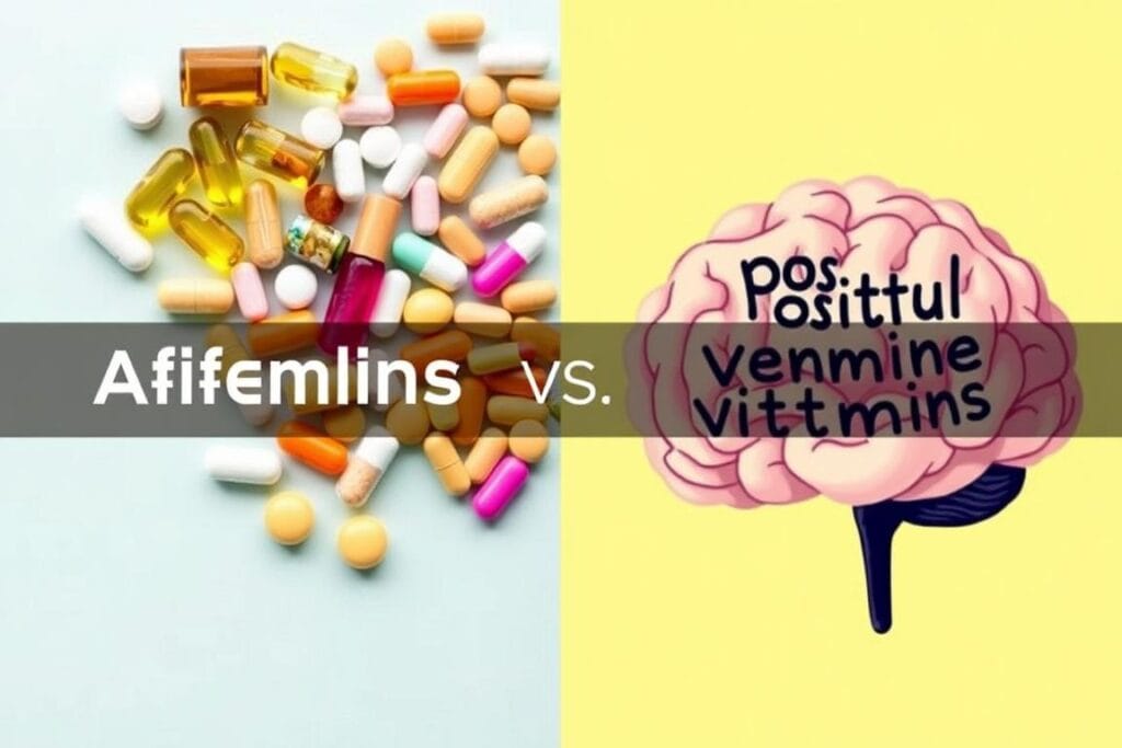 Analogia visual entre afirmações positivas na saúde mental e vitaminas Analogia visual entre afirmações positivas na saúde mental e vitaminas