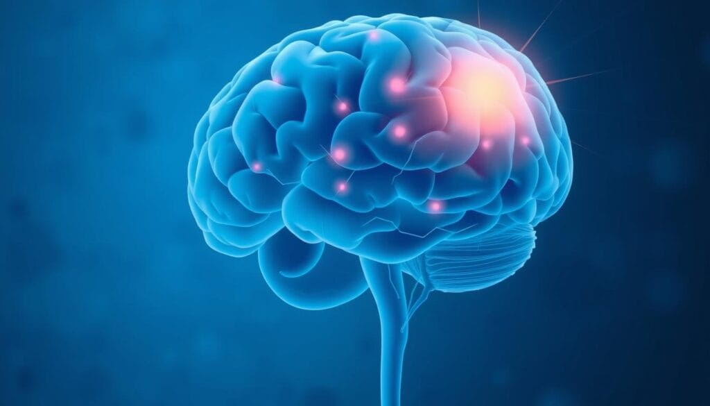 Cérebro humano em estado de calma durante momento de silêncio, com áreas de atividade neural destacadas em cores suaves
