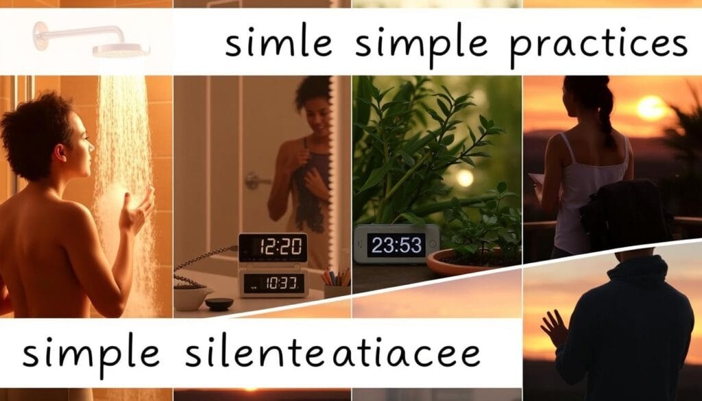 Colagem de diferentes práticas de silêncio e pausa que podem ser incorporadas no dia a dia Colagem de diferentes práticas de silêncio e pausa que podem ser incorporadas no dia a dia
