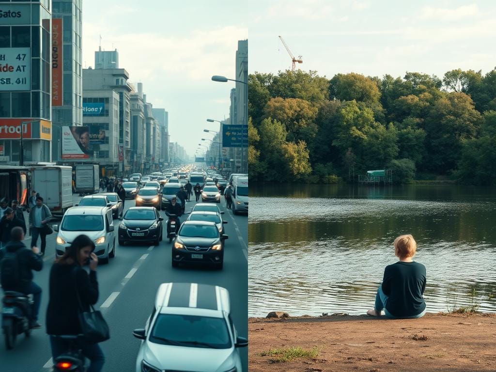 Comparação visual entre um ambiente urbano barulhento e um espaço natural silencioso, mostrando o contraste entre ruído e silêncio Comparação visual entre um ambiente urbano barulhento e um espaço natural silencioso, mostrando o contraste entre ruído e silêncio