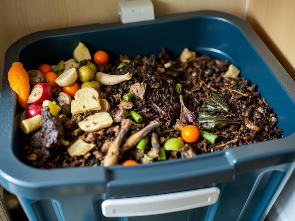 Composteira doméstica com restos de alimentos sendo transformados em adubo Composteira doméstica com restos de alimentos sendo transformados em adubo