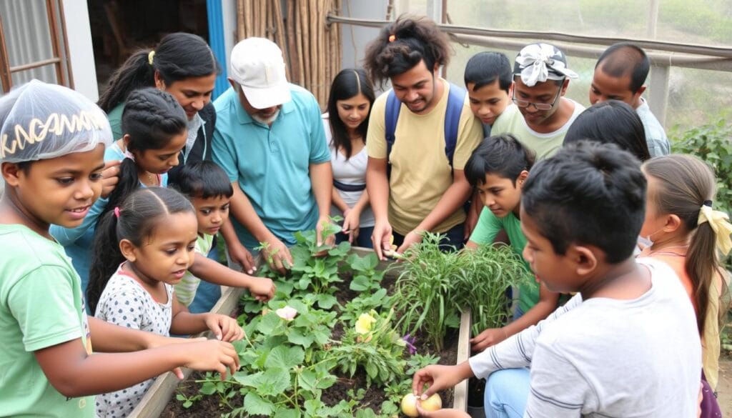 Comunidade reunida em projeto de sustentabilidade coletiva com resultados visíveis Comunidade reunida em projeto de sustentabilidade coletiva com resultados visíveis