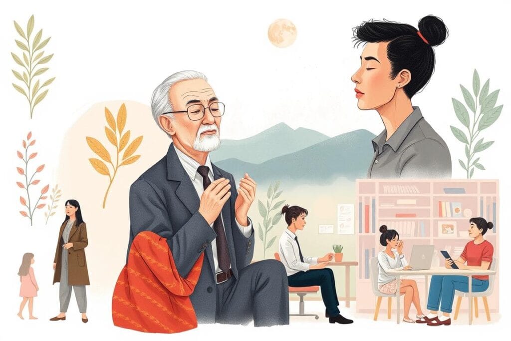 Diferentes pessoas experimentando o silêncio de formas variadas, mostrando a diversidade de experiências com a quietude Diferentes pessoas experimentando o silêncio de formas variadas, mostrando a diversidade de experiências com a quietude