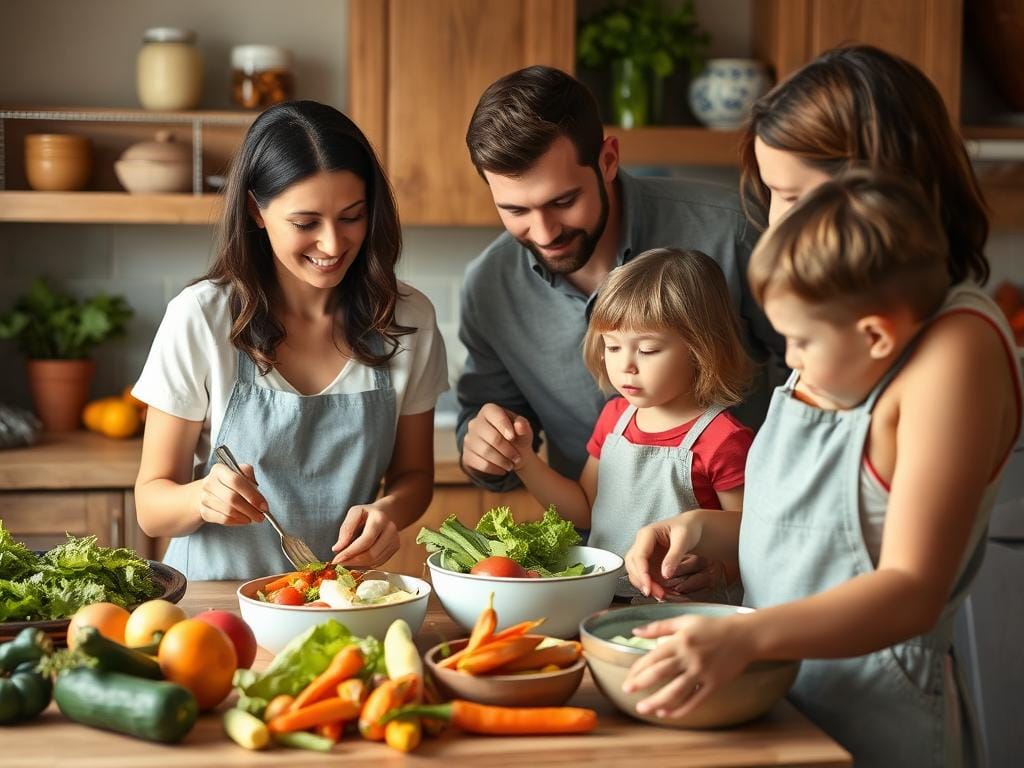 Família preparando refeições com aproveitamento integral dos alimentos Família preparando refeições com aproveitamento integral dos alimentos