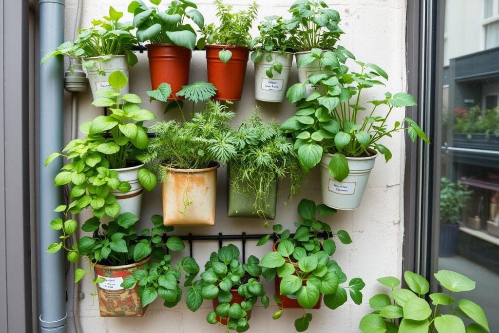 Horta vertical em pequeno espaço urbano com diversas ervas e vegetais Horta vertical em pequeno espaço urbano com diversas ervas e vegetais