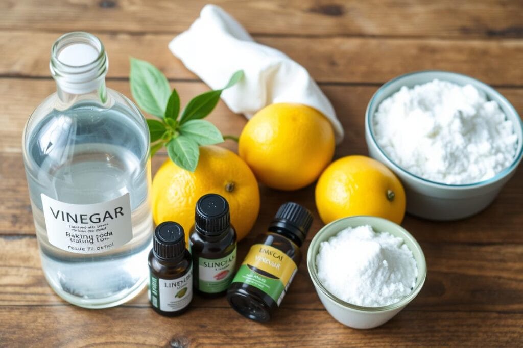 Ingredientes naturais para produtos de limpeza caseiros como vinagre, bicarbonato e limão Ingredientes naturais para produtos de limpeza caseiros como vinagre, bicarbonato e limão