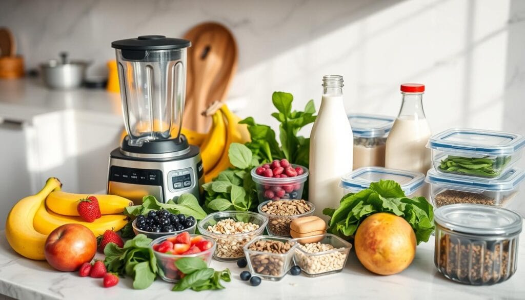 Ingredientes para smoothies organizados em uma bancada com liquidificador e potes de armazenamento Ingredientes para smoothies organizados em uma bancada com liquidificador e potes de armazenamento