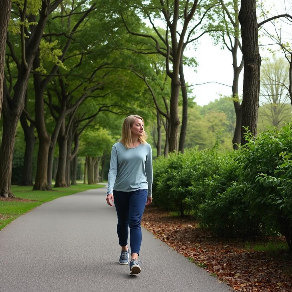 Pessoa caminhando em silêncio em um parque, sem fones de ouvido, praticando atenção plena Pessoa caminhando em silêncio em um parque, sem fones de ouvido, praticando atenção plena