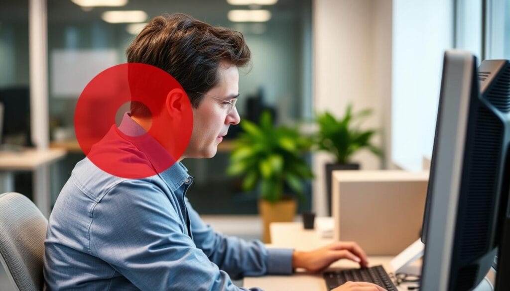 Pessoa com postura inadequada usando computador, causando tensão no pescoço Pessoa com postura inadequada usando computador, causando tensão no pescoço