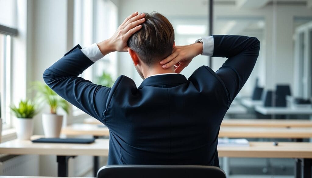 Pessoa demonstrando alongamento do pescoço e ombros em posição sentada