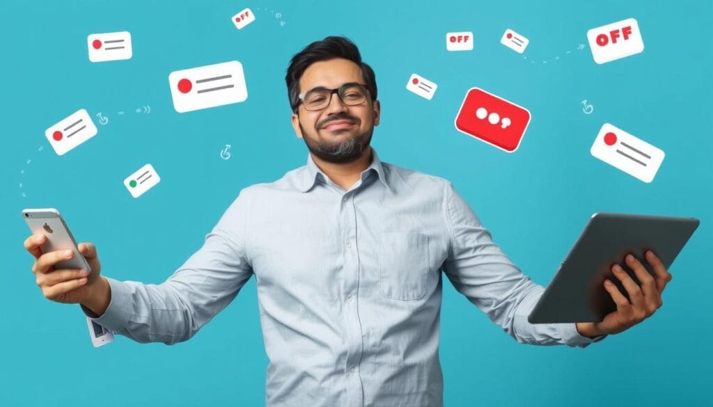 Pessoa desconectando-se de múltiplos dispositivos digitais para encontrar silêncio em meio à hiperconexão Pessoa desconectando-se de múltiplos dispositivos digitais para encontrar silêncio em meio à hiperconexão