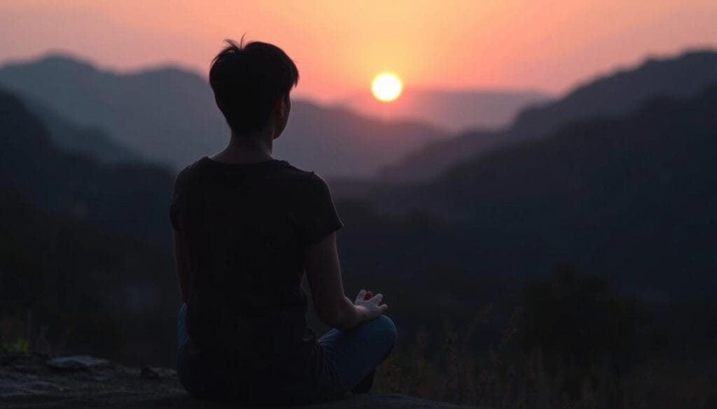 Pessoa em momento de contemplação silenciosa ao pôr do sol, simbolizando paz interior e clareza mental Pessoa em momento de contemplação silenciosa ao pôr do sol, simbolizando paz interior e clareza mental