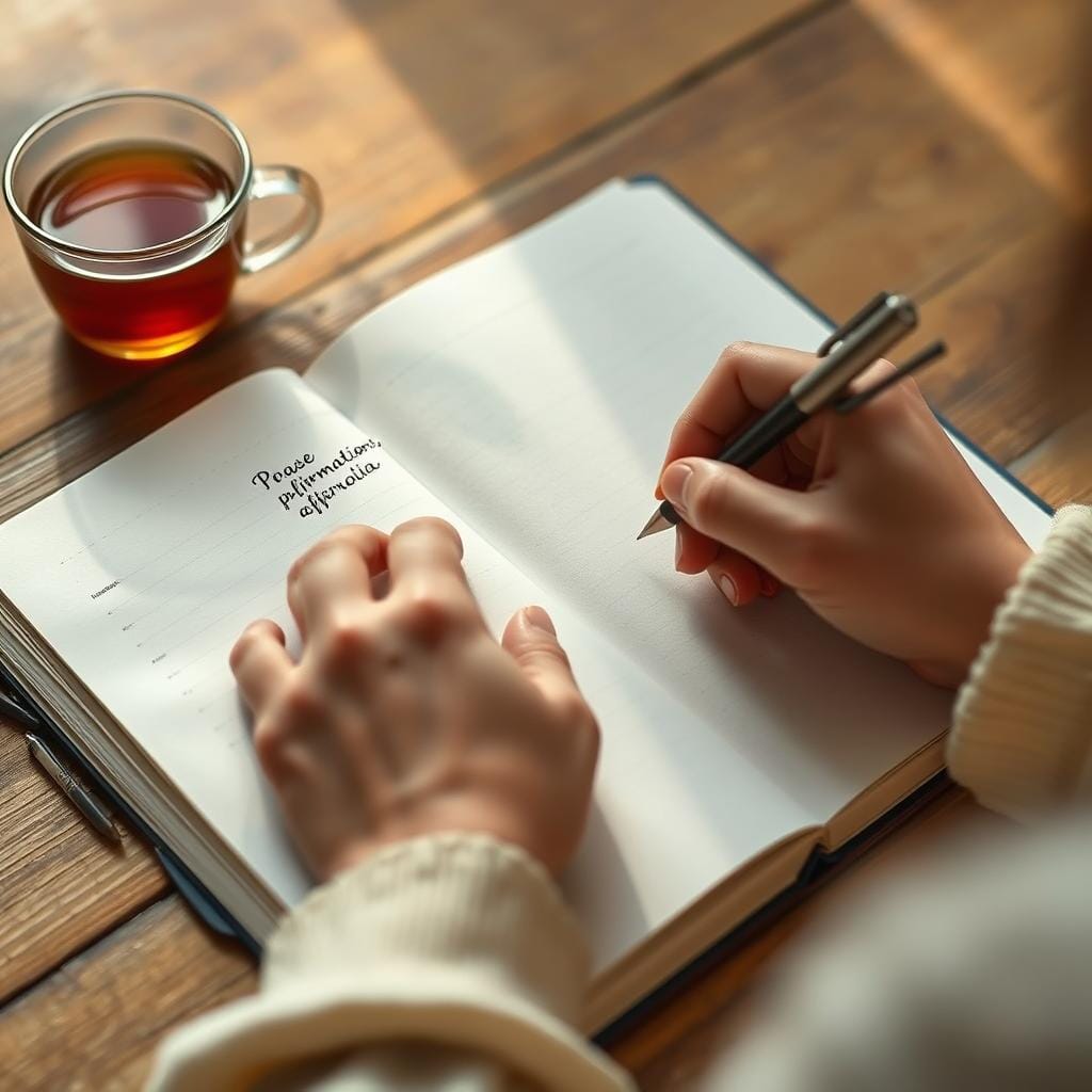 Pessoa escrevendo afirmações positivas na saúde mental em um diário Pessoa escrevendo afirmações positivas na saúde mental em um diário