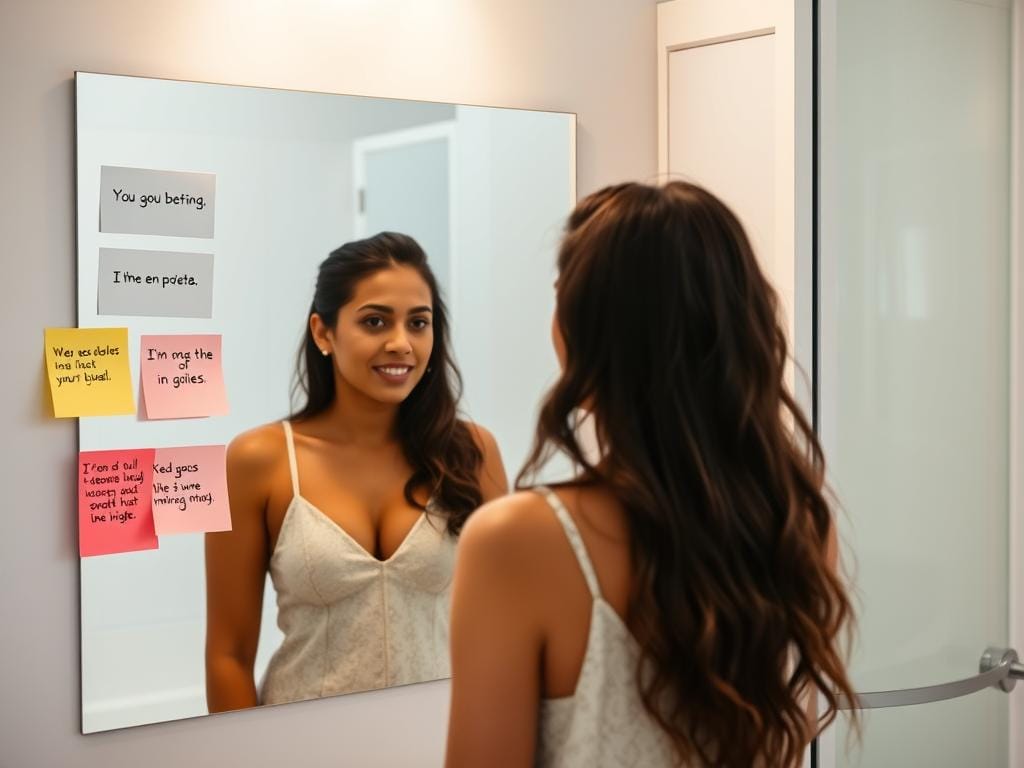 Pessoa praticando afirmações positivas na saúde mental durante sua rotina matinal Pessoa praticando afirmações positivas na saúde mental durante sua rotina matinal
