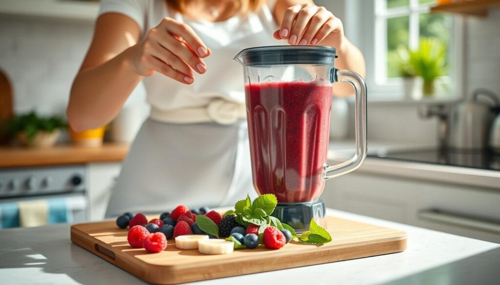 Pessoa preparando um smoothie saudável de frutas vermelhas em uma cozinha iluminada