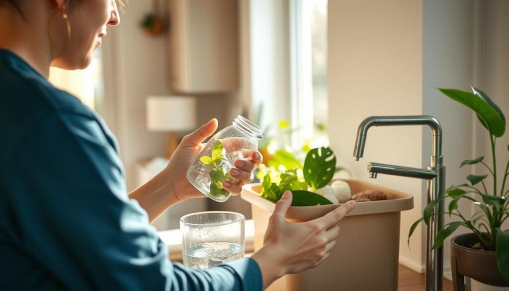 Pessoa realizando ações sustentáveis em casa como separação de lixo e economia de água